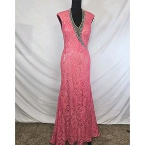 Tony Bowls Paris Lace Evening Gown Deep Coral Pink Mermaid Dress Size 8 Beaded